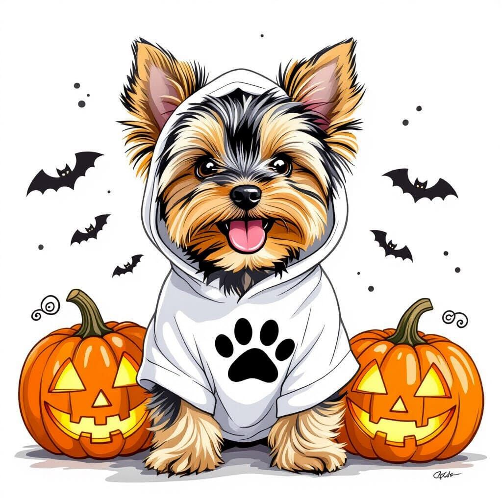 Yorkie Puppy's Halloween: A Ghostly Hand-Drawn Treat