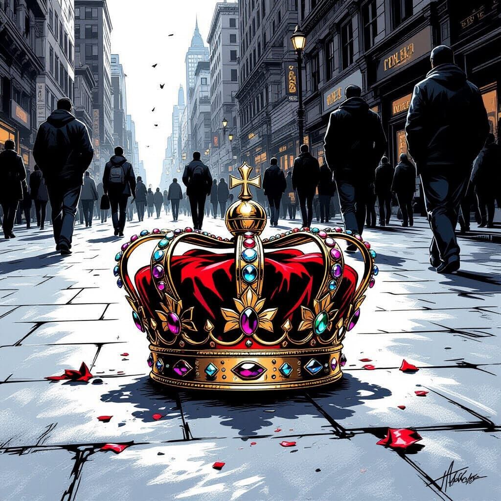 Abandoned Crown on City Street in Comic Book Style