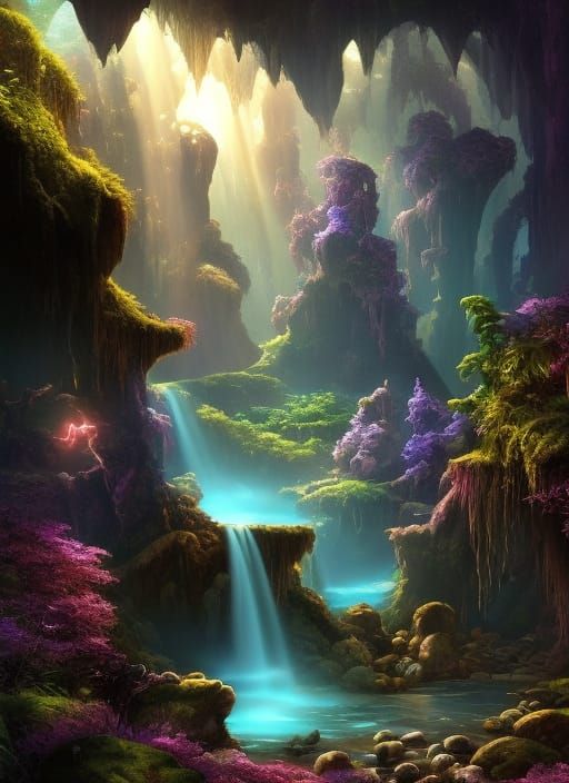 Crystalline Waterfall Grotto in Fantasycore Style