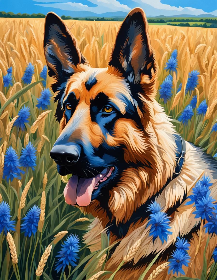 German Shepherd Portrait in Barley Field, Hyperrealistic Sty...
