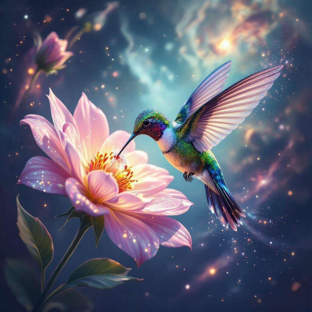 Cosmic Hummingbird Sipping Nectar, Surrealist Style