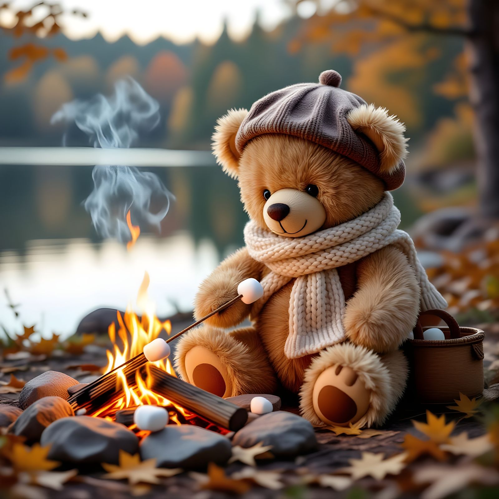 Adorable Teddy Bear Roasting S'mores Fireside