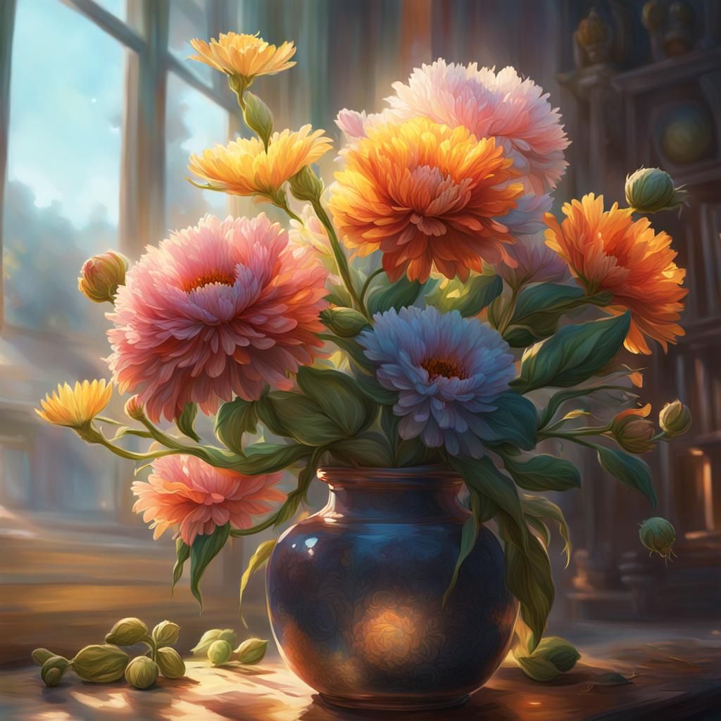 Flowers in Vase with Caterpillar, Hyperdetailed Digital Art
