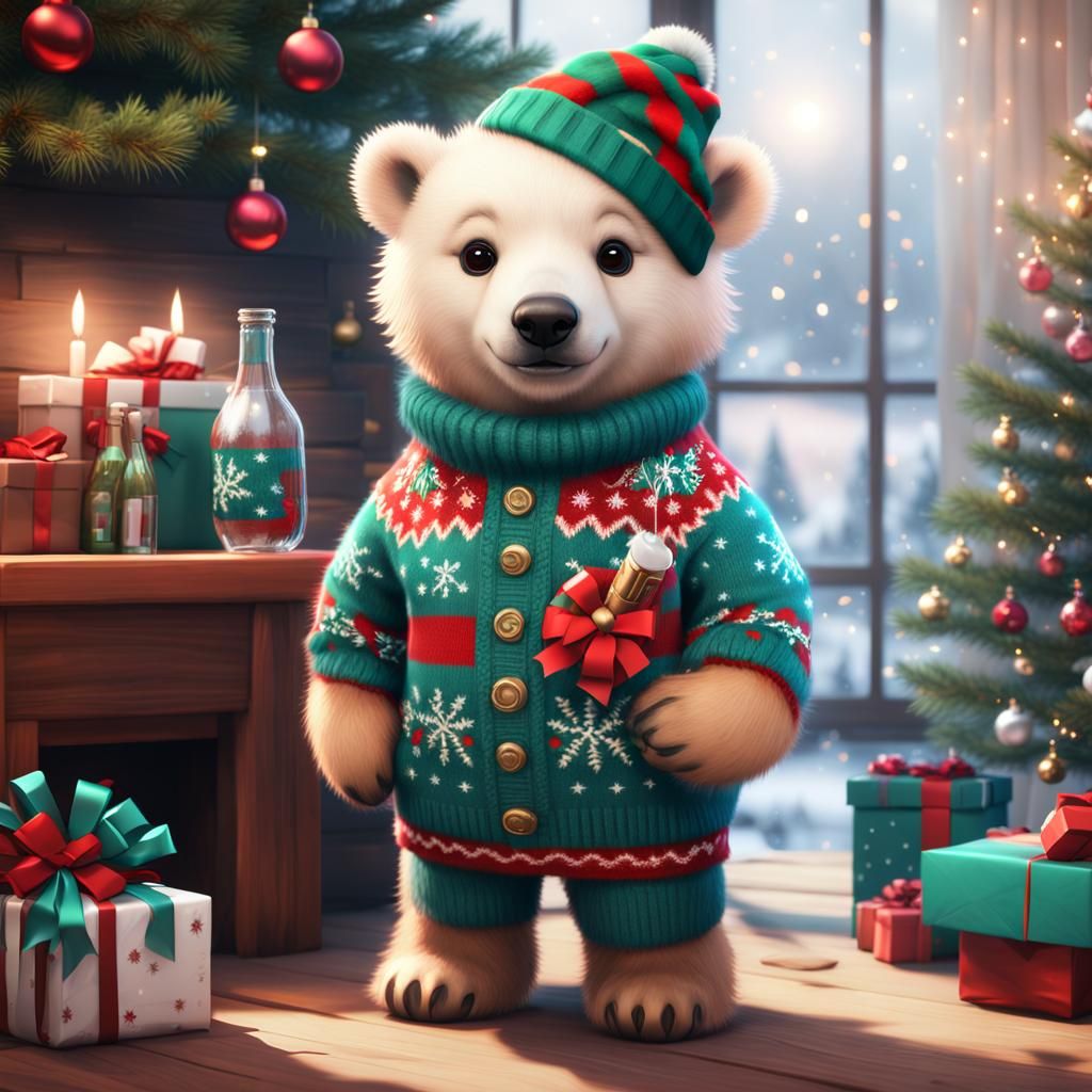 Cute Polar Bear Cub Celebrates Christmas in 8k