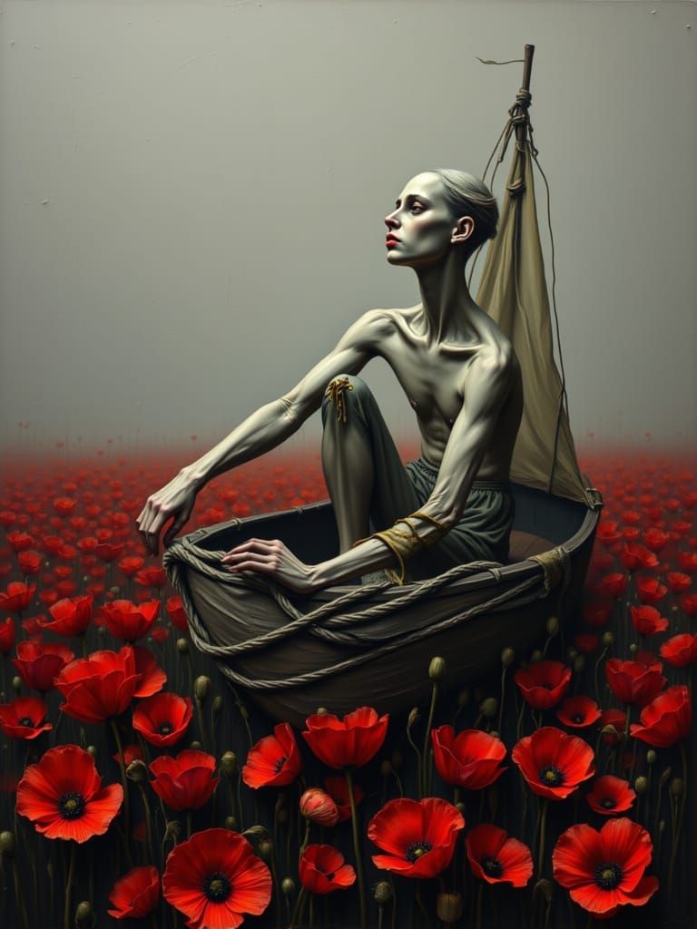 Lone Figure Drifting in a Poppy Sea