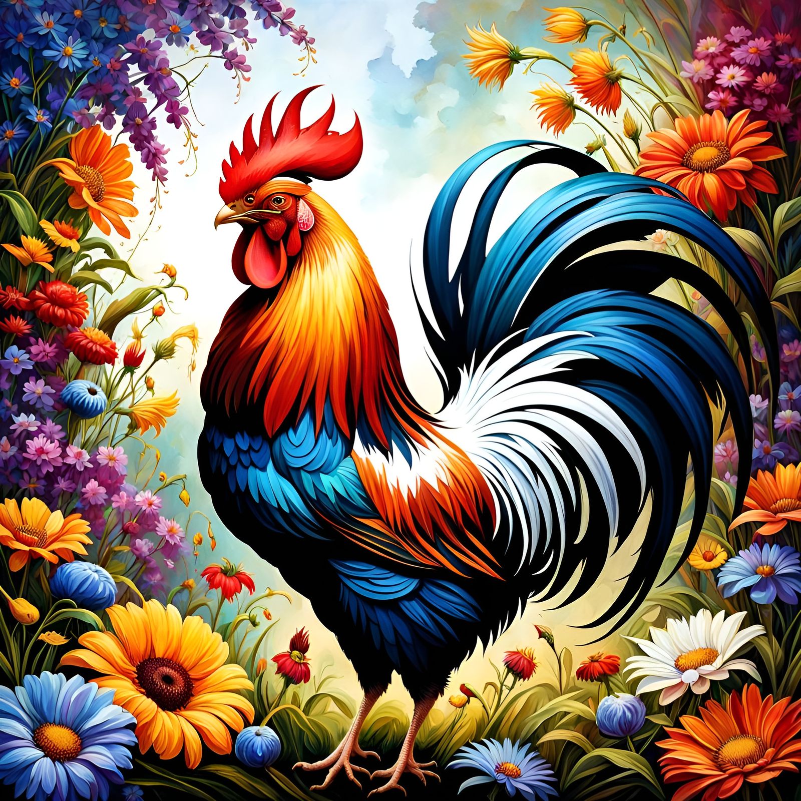 Colorful Rooster Mascot Logo with Wildflowers