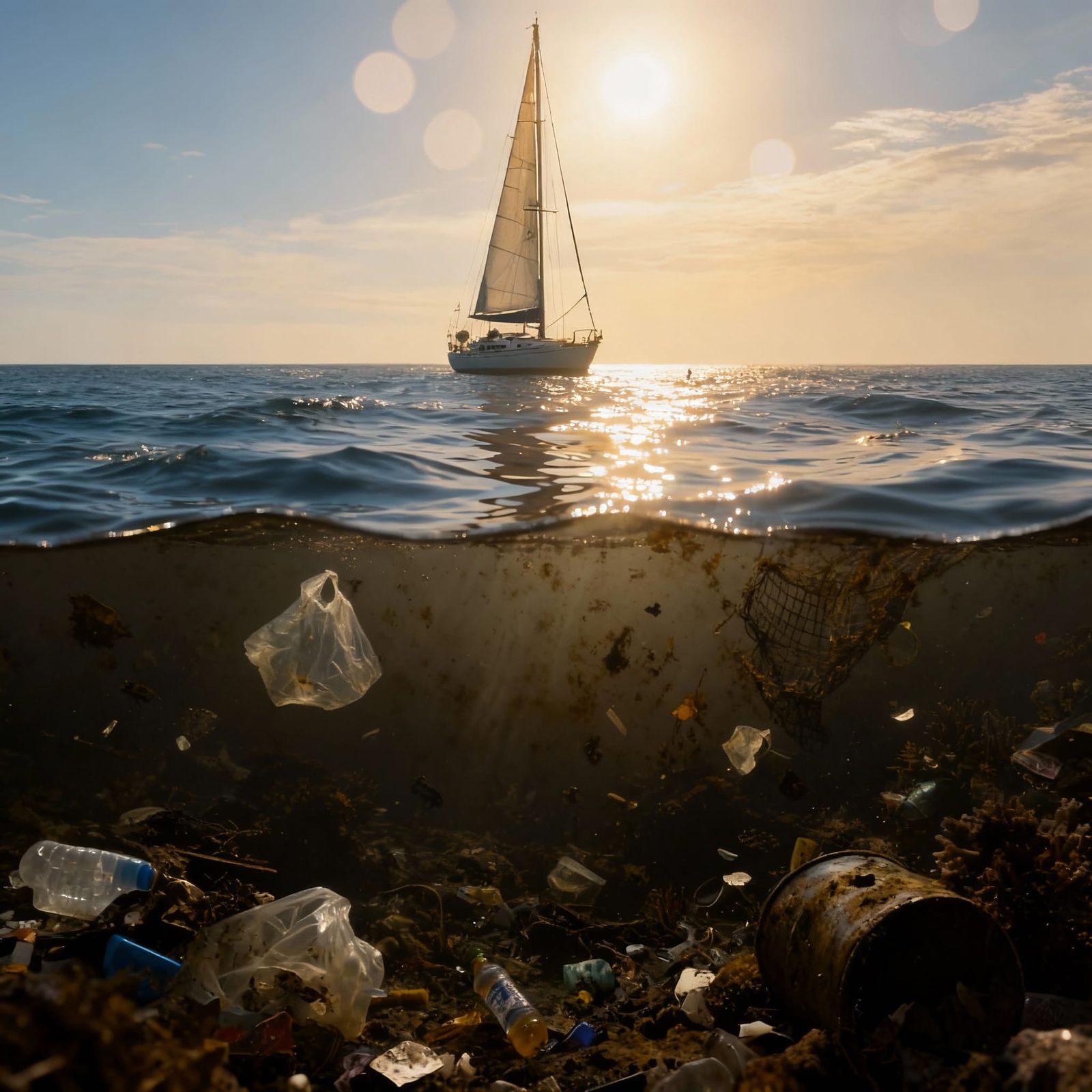 Dual Ocean View: Pristine Surface vs Polluted Depths