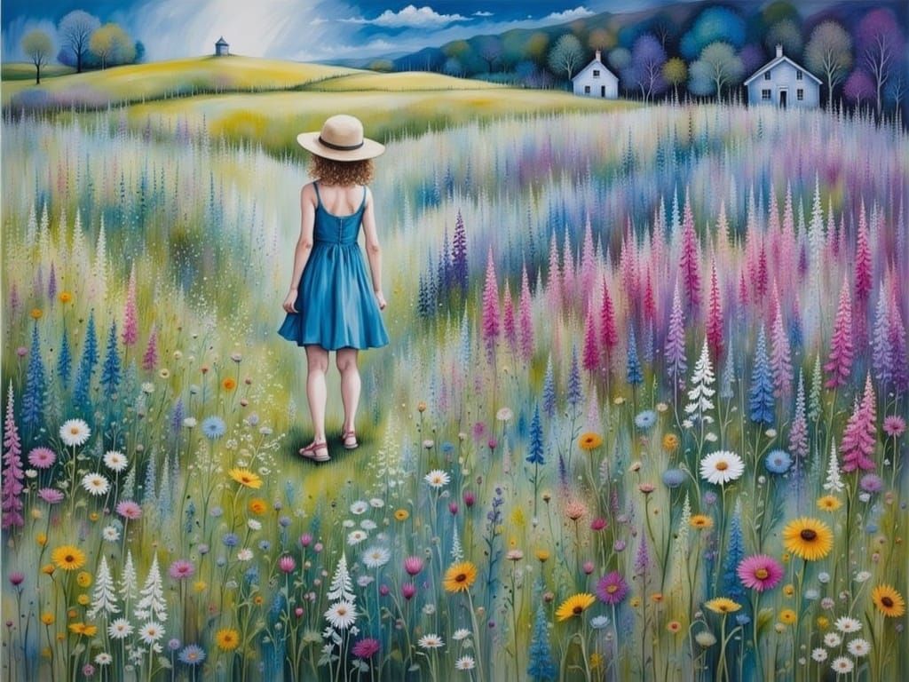 Girl in Blooming Meadow: Watercolor Painting