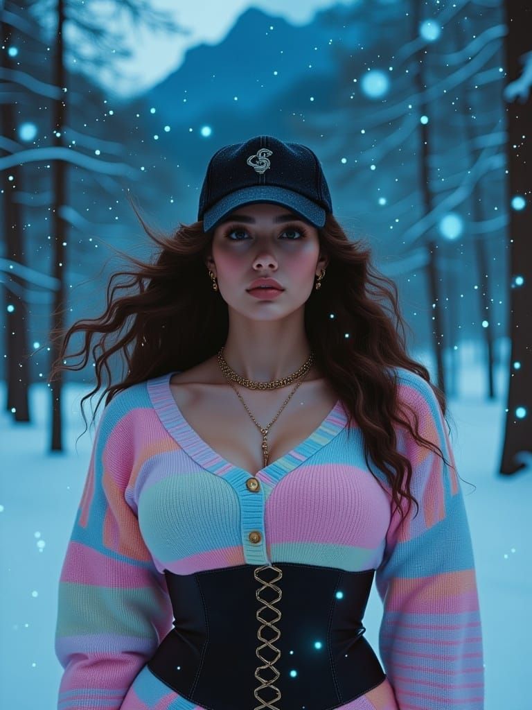 Woman in Winter Forest with Pastel Goth Elements