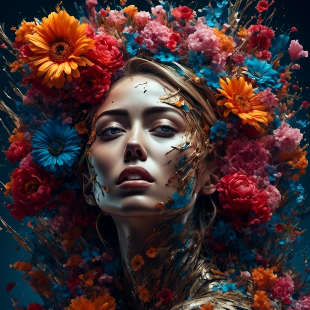 Miley Cyrus Surrounded by Flowers in Hyperrealistic Style