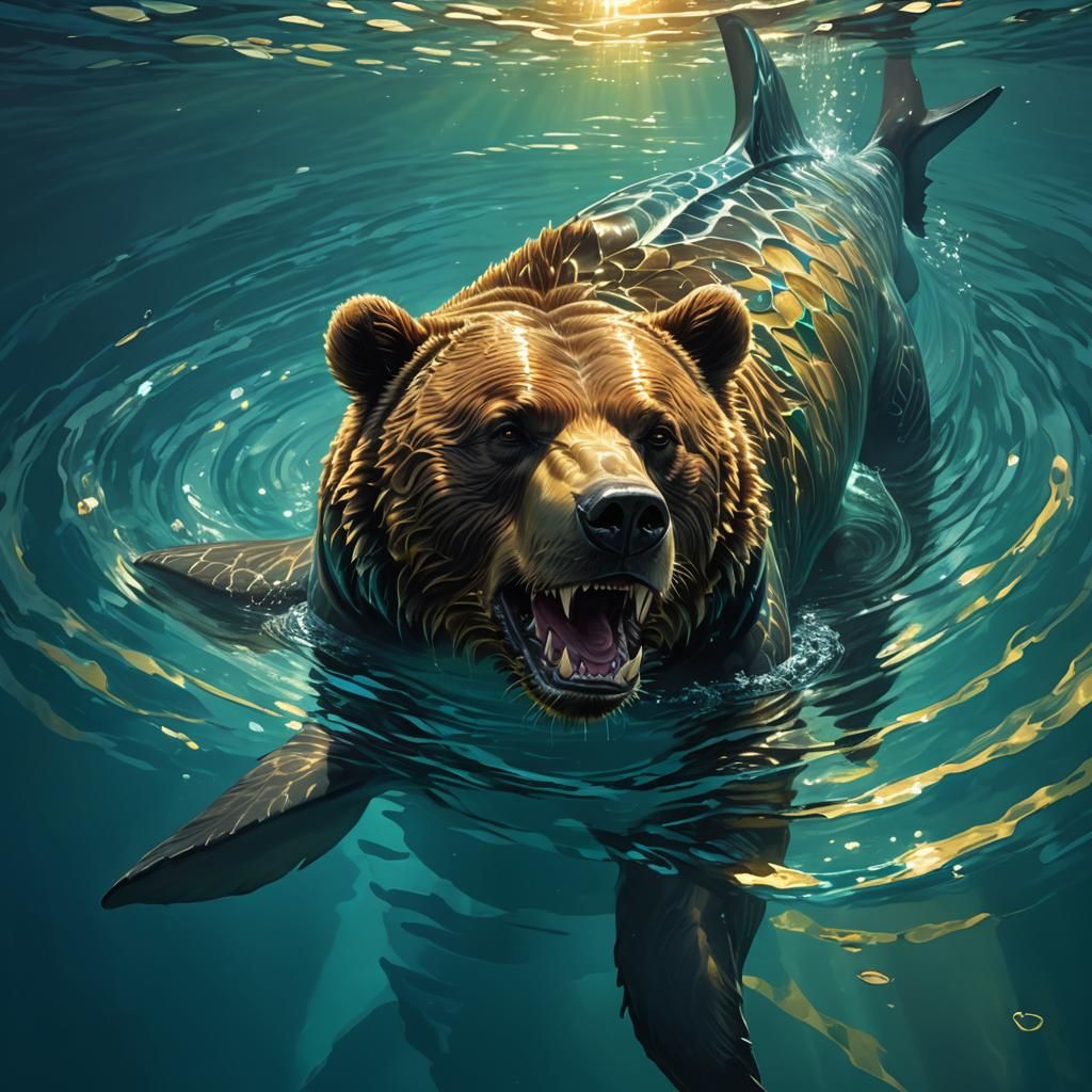 Bear Shark Hybrid in Iridescent Water, Digital Painting