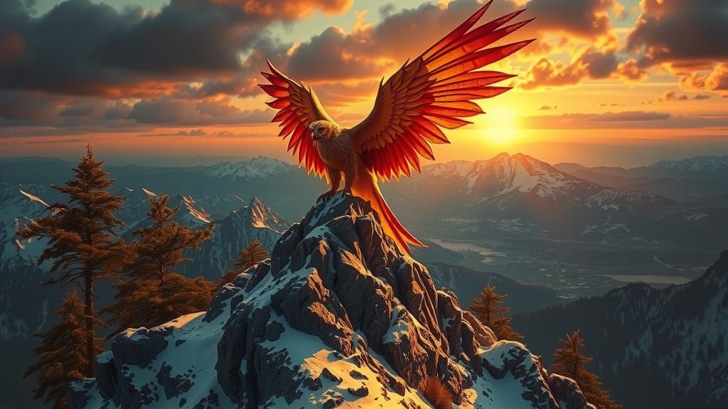 Griffin Perched on Mountain Peak at Sunset