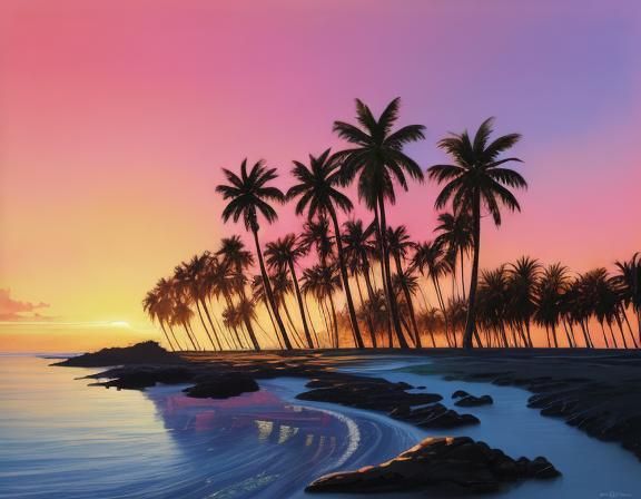 Alien Palm Trees at Sunset as Impasto Painting