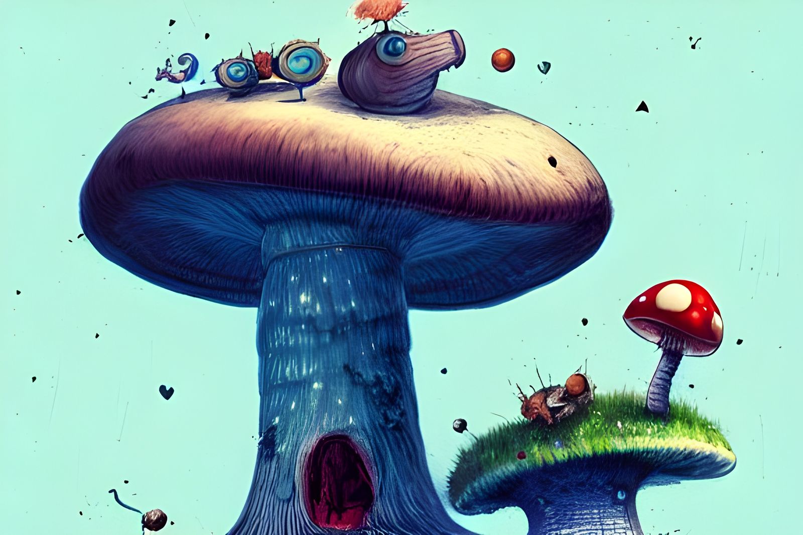 Blue Caterpillar on Mushroom in Wonderland