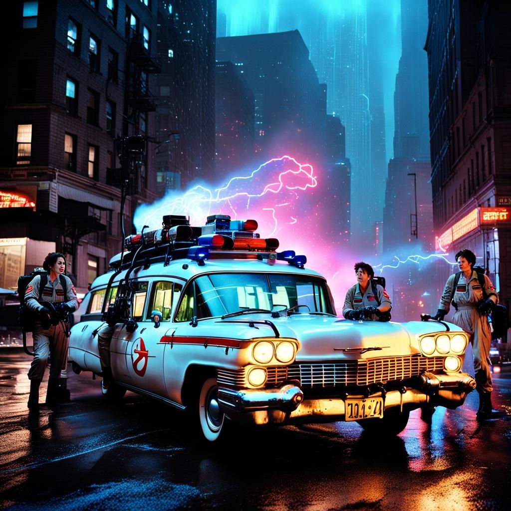 Ghostbusters Film Still in 80s Film Noir Style