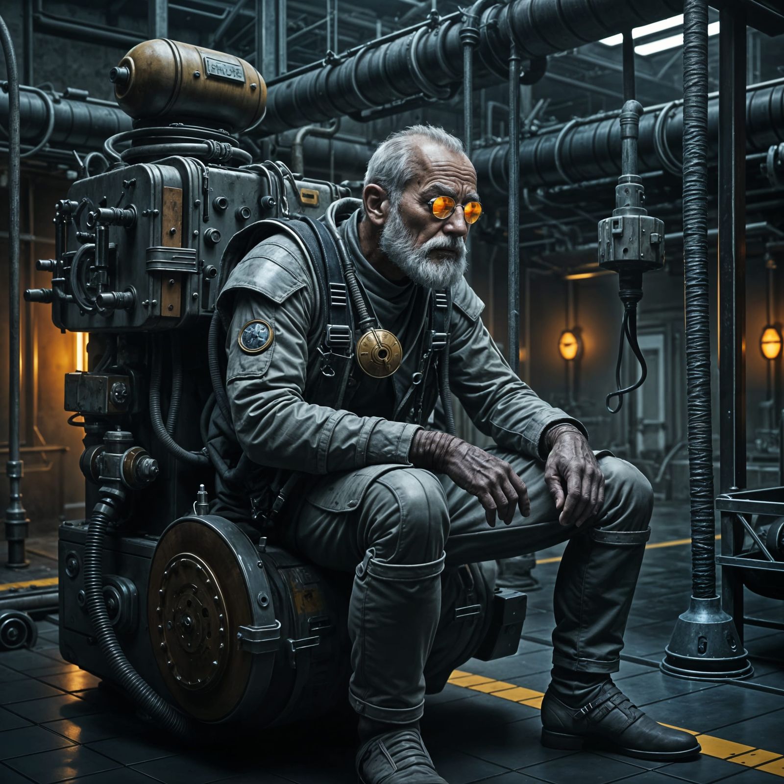 Cyborg Pilot Enjoying a Drink in Dreary Setting