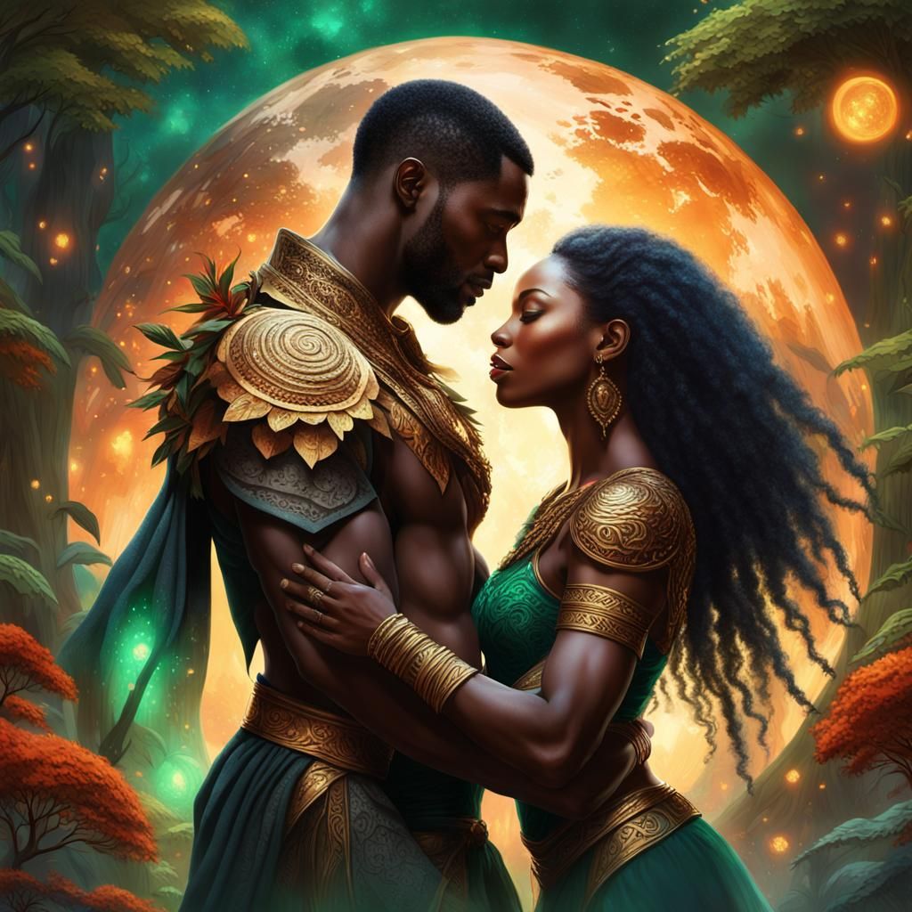 Powerful Black Couple in Mystical Forest: Fantasy Art