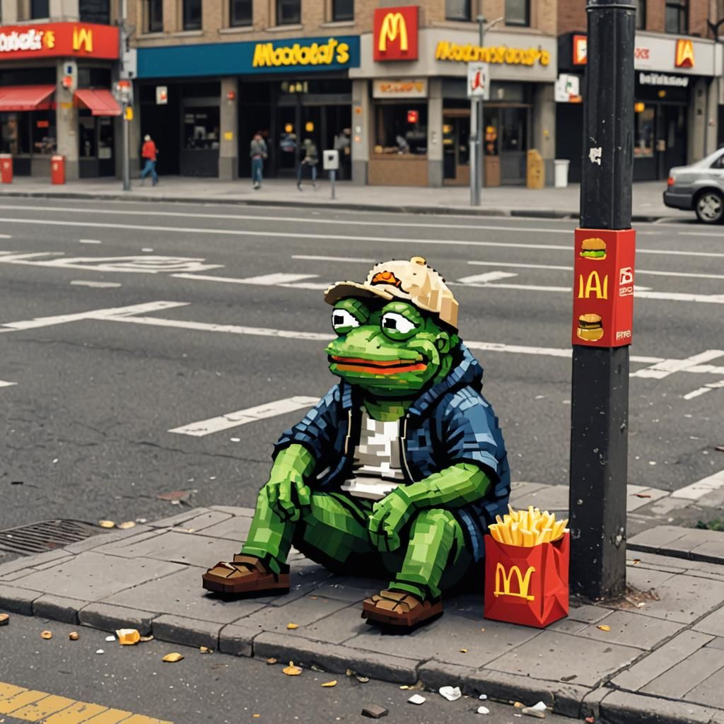 Homeless Frog Begging, Pixel Art in Retro Atari Style