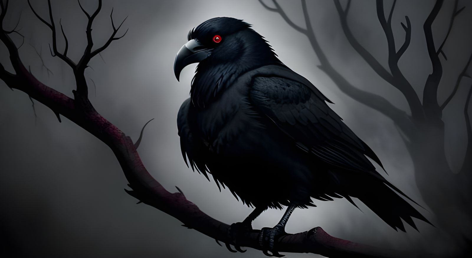Menacing Raven Perched in Misty Forest