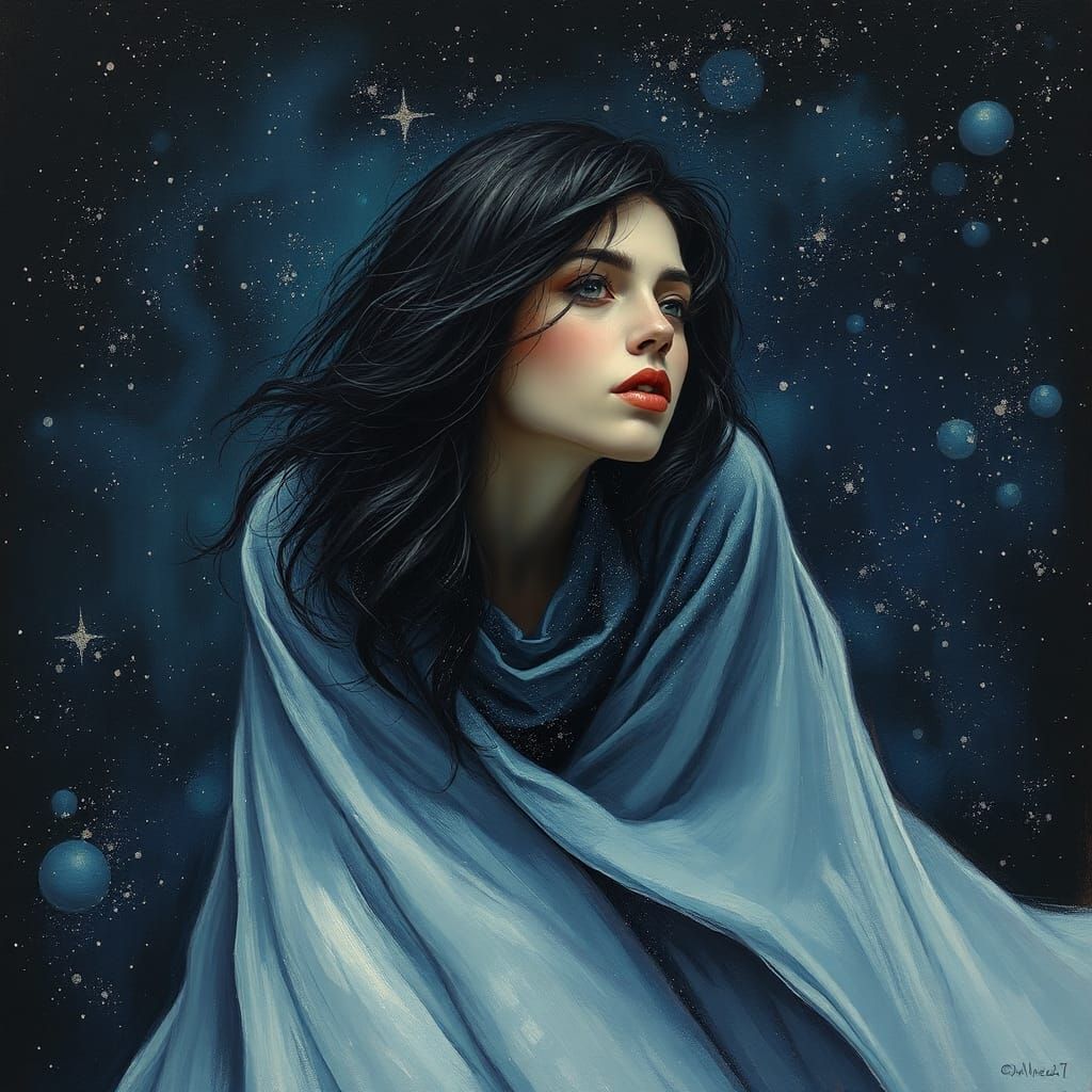 Cosmic Woman Portrait in Ethereal Impasto Style