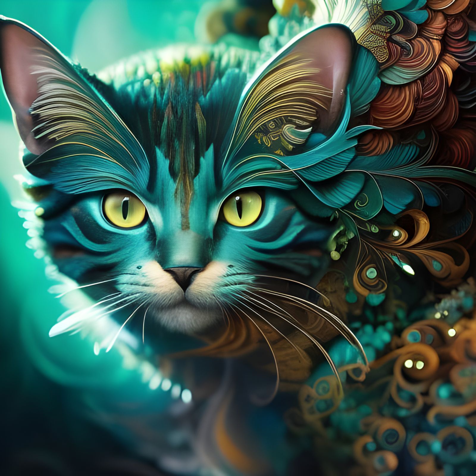 Fluffy Teal Chibi Cat Portrait in Detailed Gouache Style