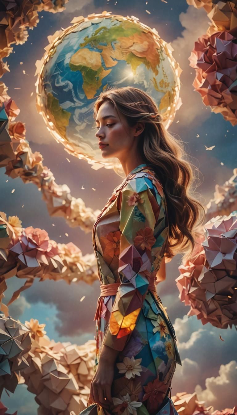 Woman Hugging Earth in Origami Papercraft