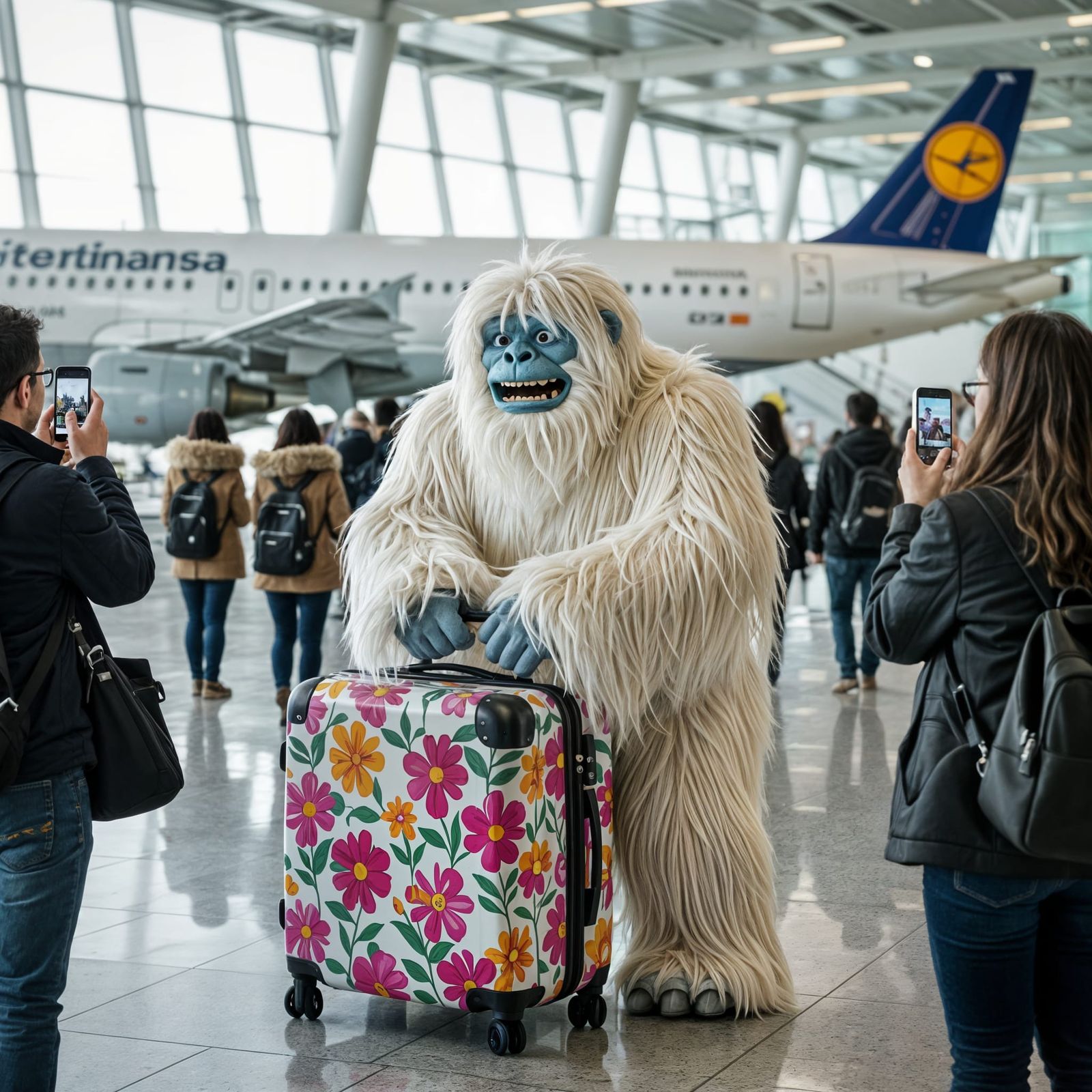 Shaggy Yeti Boards Airplane With Floral Suitcase