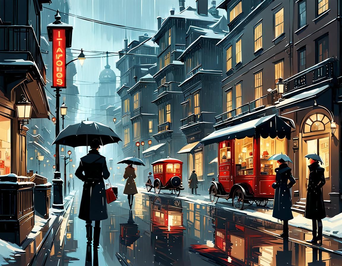 Rainy Dieselpunk Metropolis: Cozy Winter Streetscape