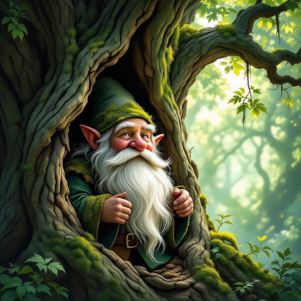 Ancient Forest Gnome Peering From Oak Tree