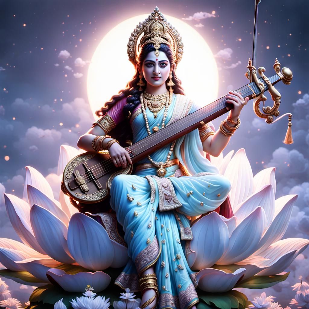Hyperrealistic devine goddess Saraswati, 35 mm film, motion picture,  Adobe After Effects, Post-Production, SFX, detaile...
