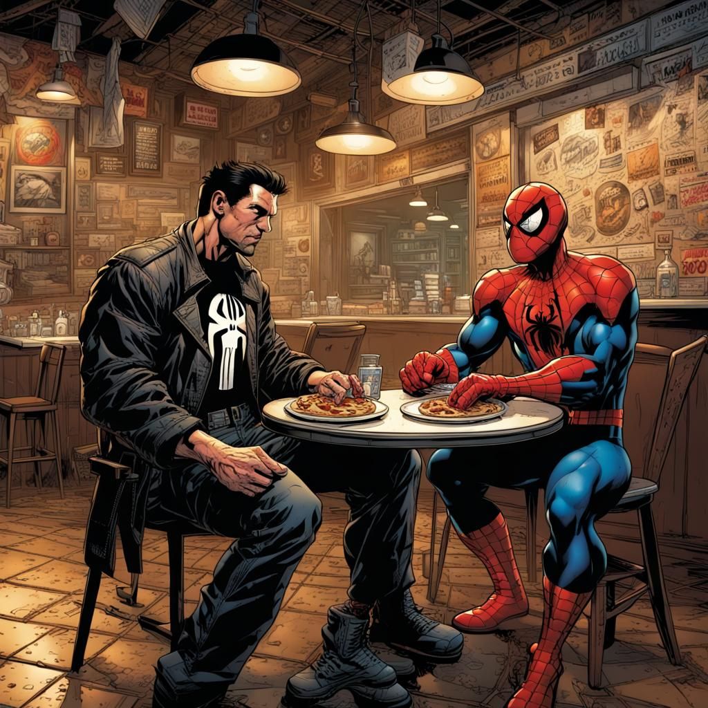 Punisher and Spiderman at Pizzeria, Comic Book Art