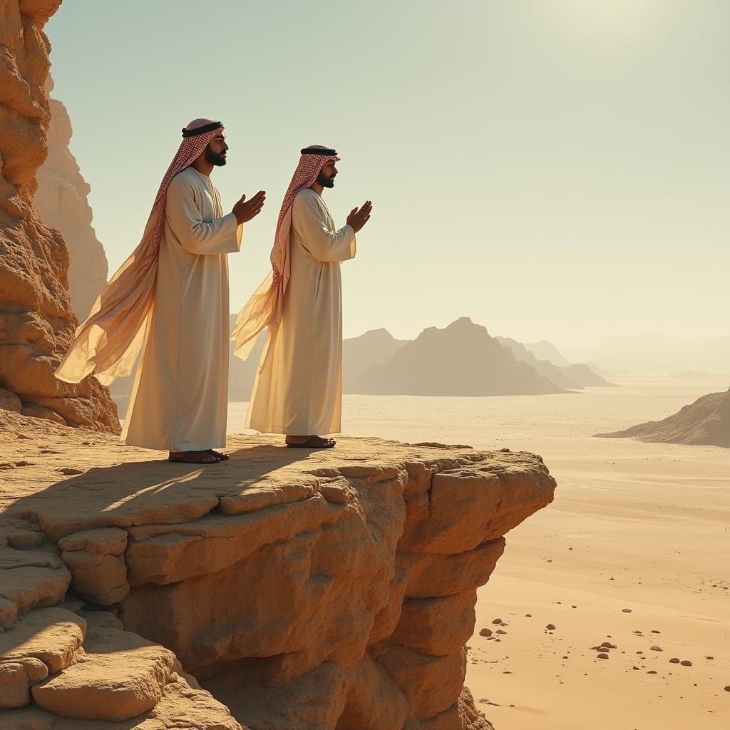 Arab Men in Prayer on Desert Rock Formation