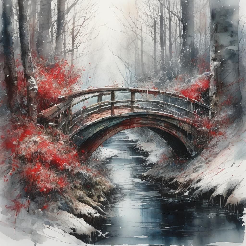 Detailed Snowy Bridge with Scarlet Flowers, Watercolor