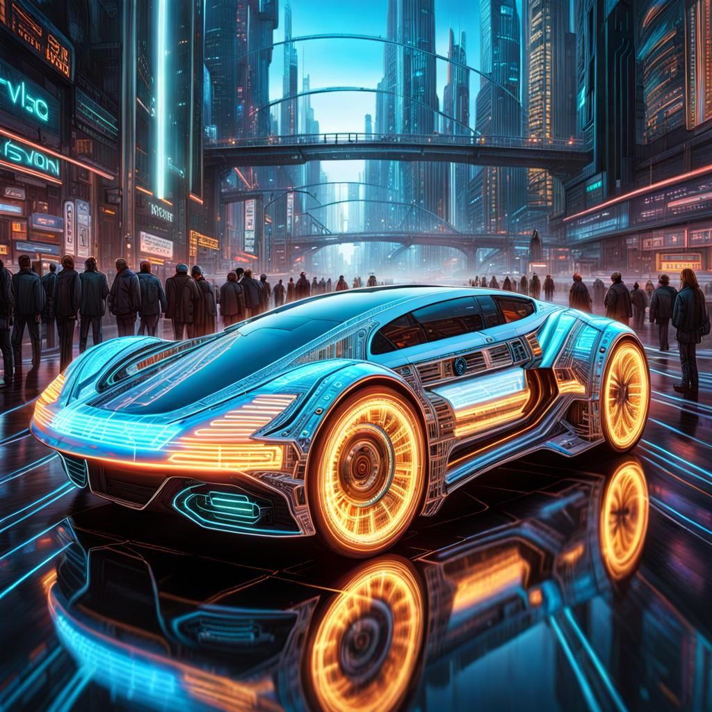 Futuristic Holographic Car in Cyberpunk Cityscape