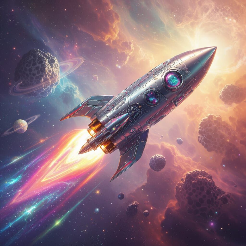 Crystal Rocket Soaring Through Psychedelic Nebula