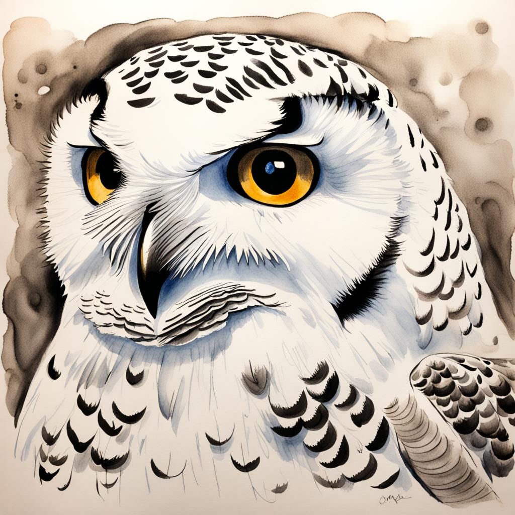 Whimsical Ink Drawing of a Snowy Owl Perched in Winter