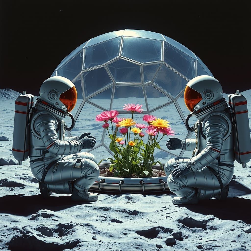 Astronauts Tend to Futuristic Flowers in Lunar Geodesic Dome