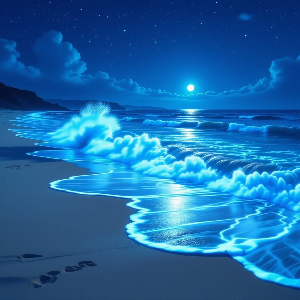Bioluminescent Waves: Surreal Dreamlike Shoreline