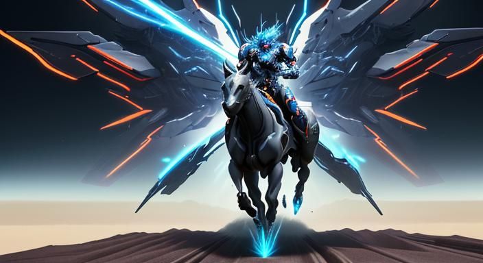 Mecha Fantasy Rider on Primordial Horse in 3D