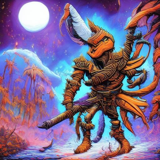 <lora:WarriorSD1:1.0> <lora:Blacklight:1.0> A boy's monster