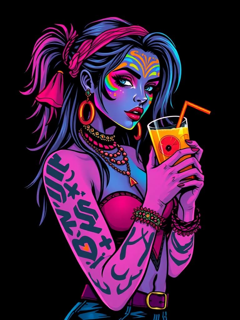 Neon Punk Girl with Drink in Comic Book Art