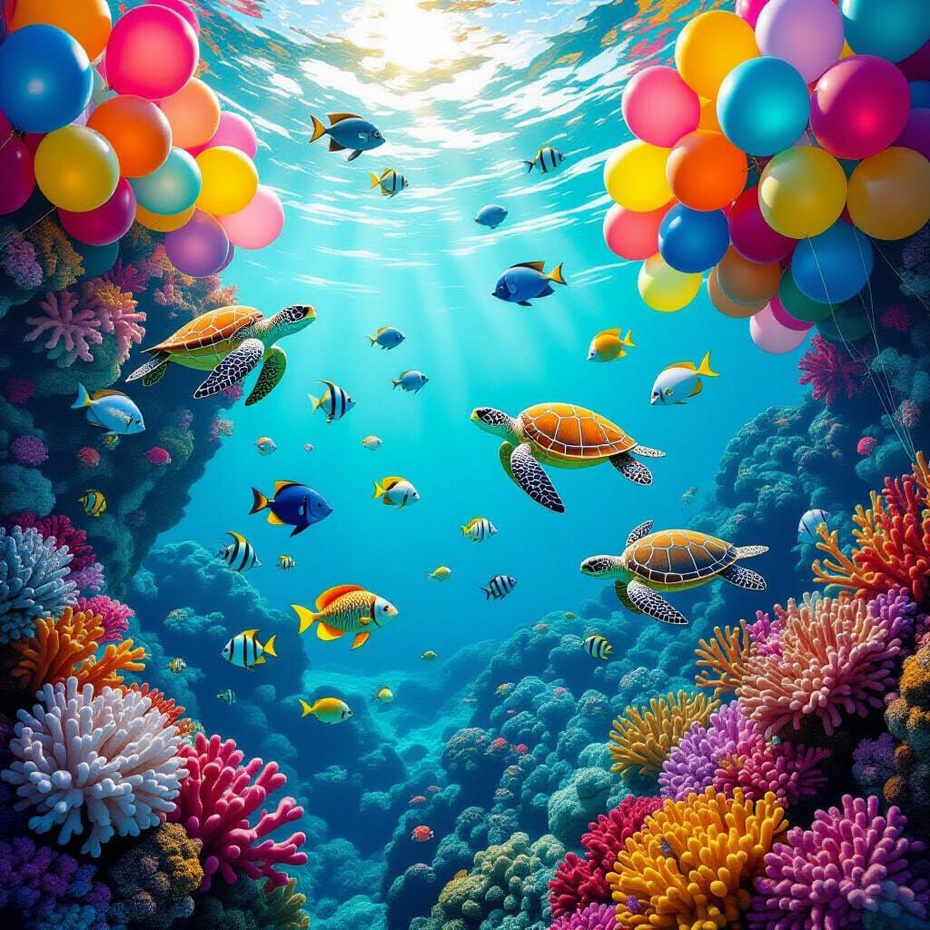 Surreal Underwater Balloon Coral Reef in Impressionist Style