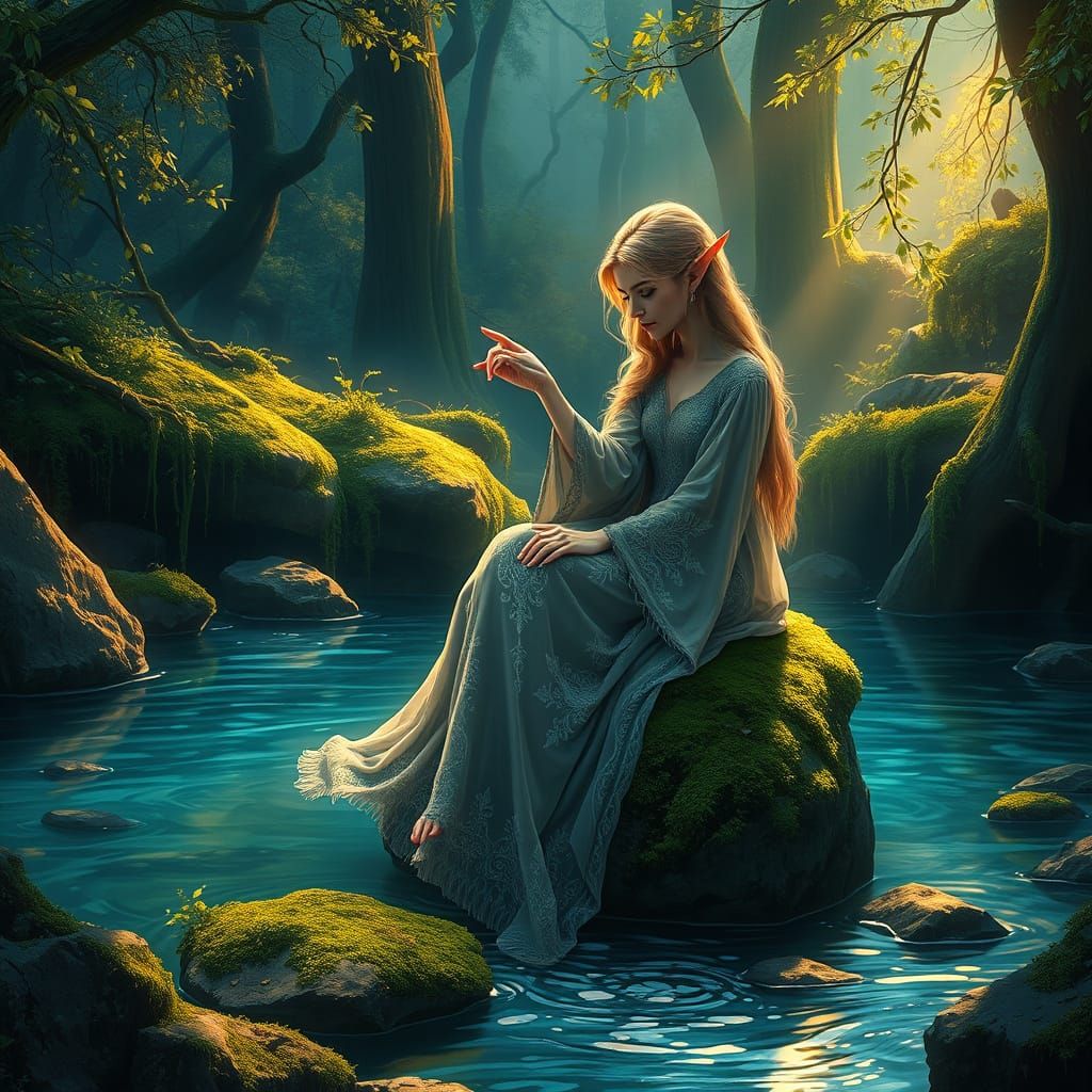 Elven Enchantress by Forest Spring in Art Nouveau Style