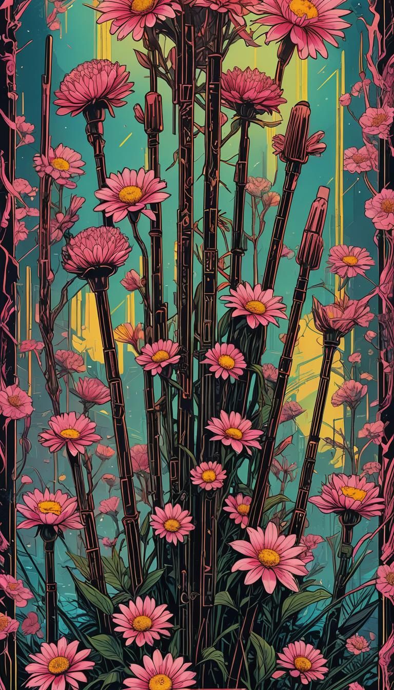 Cyberpunk Tarot: Eight of Wands with Flowers