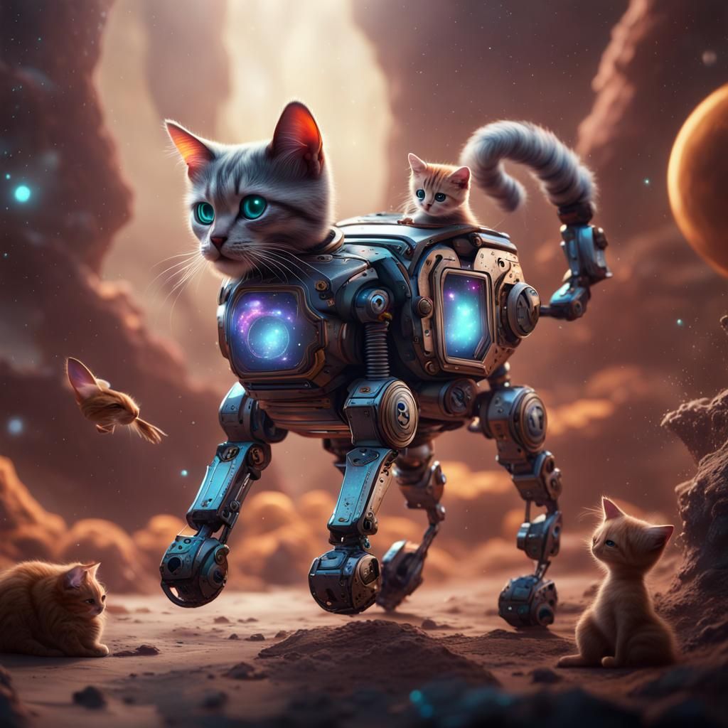 Robot Cat Roaming Galaxies with Kitten Rider