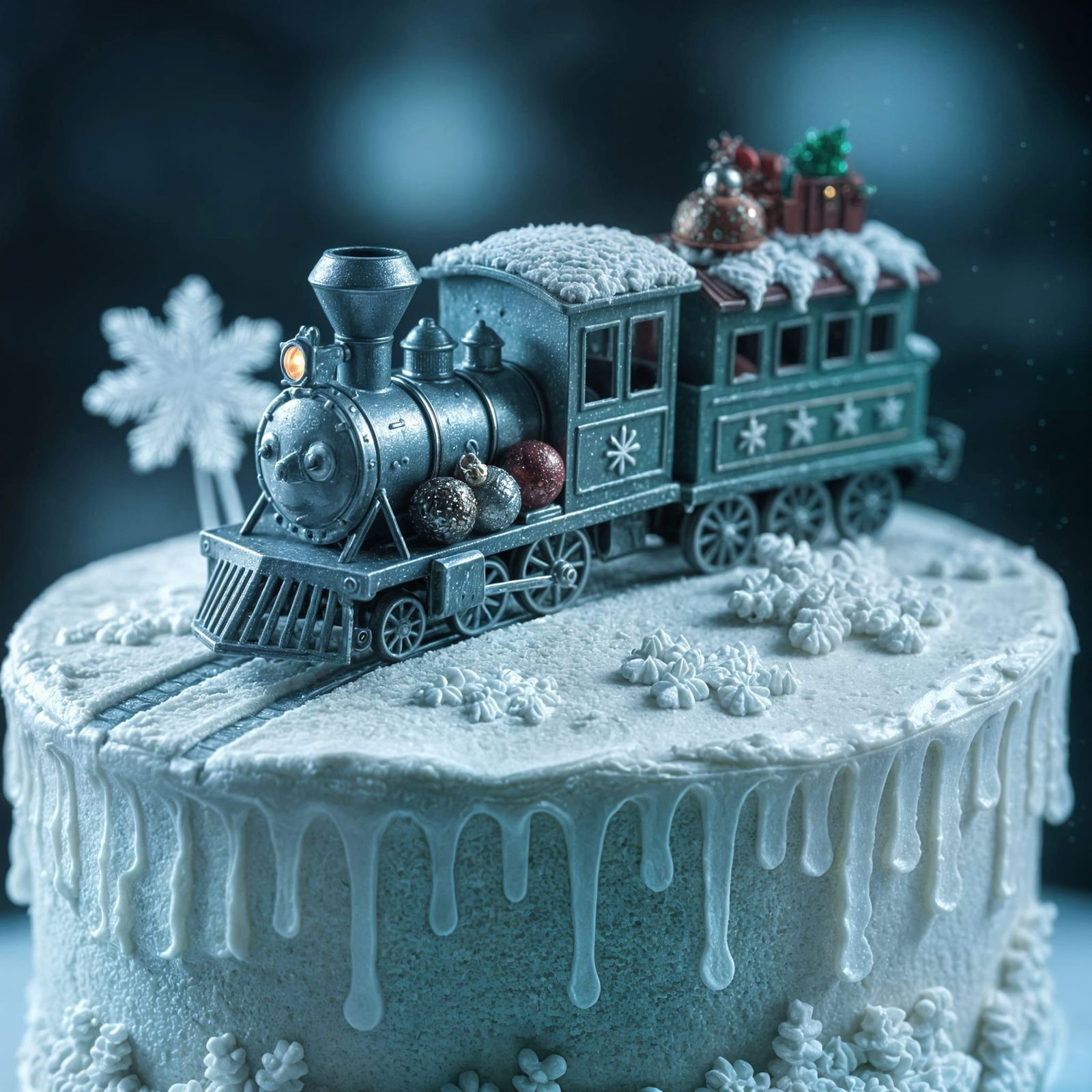 Macro Christmas Toy Train on Frosting Cake Wonderland