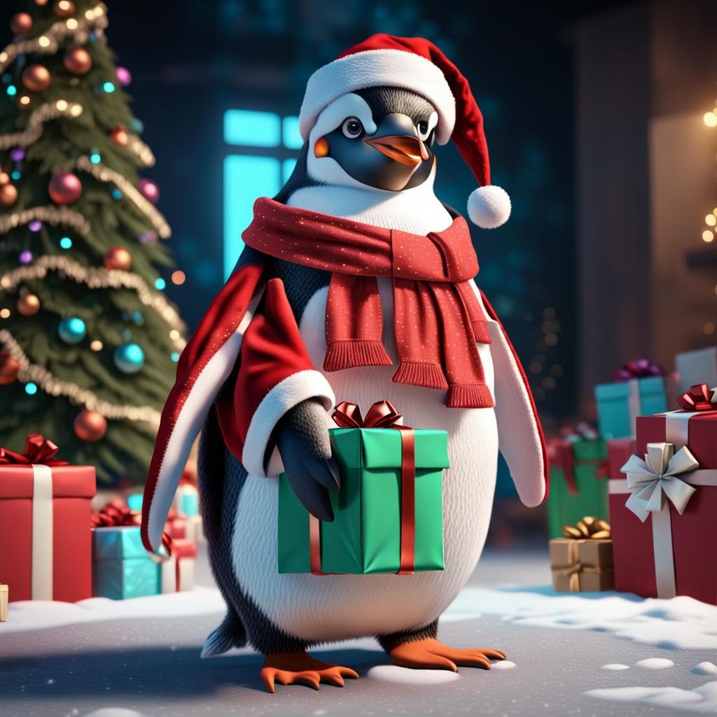 Penguin Santa Claus Hologram in Vibrant Colors