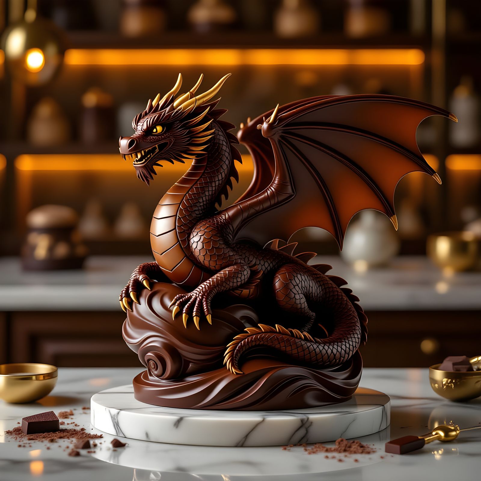 Majestic Chocolate Dragon Sculpture in Workshop Setting