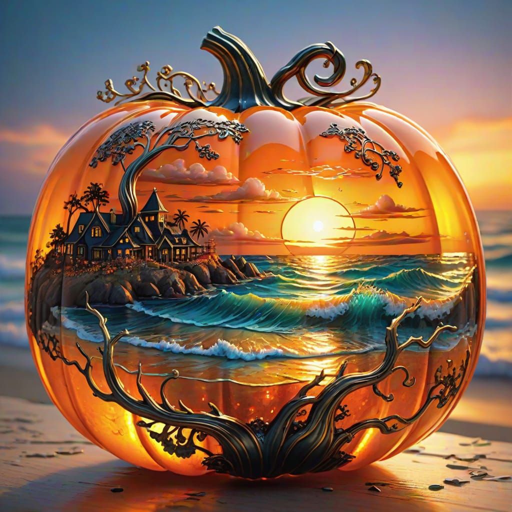 Glowing Pumpkin Over Sunset Ocean