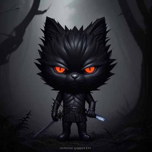 Chibi Black Cat Warrior in a Foggy Forest